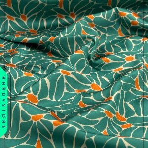 خرید پارچه ساتن lx طرحدار سفید برگ سبزآبی