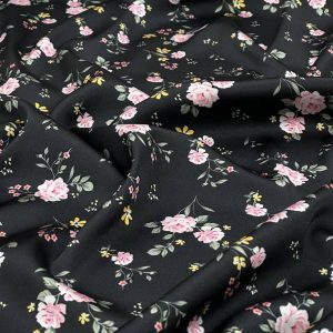 خرید پارچه ساتن lx طرحدار مشکی گل صورتی