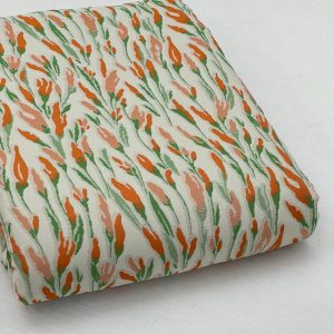 پارچه ژاکارد طرح زنبقی آجری سبز