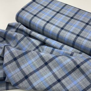 خرید پارچه تترون نخی چهارخونه طوسی آبی