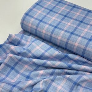 خرید پارچه تترون نخی چهارخونه آبی صورتی