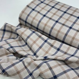 پارچه تترون نخی چهارخونه کرم قهوه ای