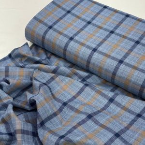 خرید پارچه تترون نخی چهارخونه سرمه ای کرم