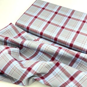 پارچه تترون نخی چهارخونه طوسی زرشکی