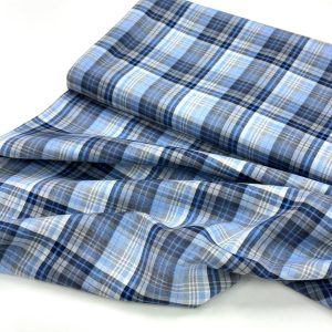 پارچه تترون نخی چهارخونه آبی روشن سفید