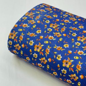 خرید پارچه مخمل کبریتی آبی گل نارنجی