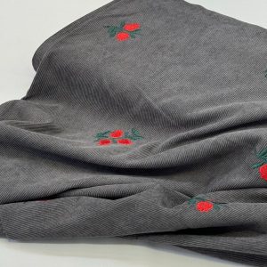 خرید پارچه مخمل کبریتی گلدوزی طوسی طرح انار