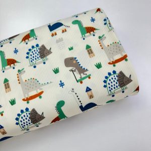 پارچه تریکو میله ای سفید طرح دایناسور