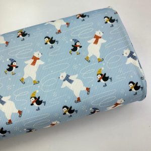 پارچه تریکو میله ای آبی طرح خرس و پنگوئن