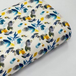 پارچه کرپ سفید گل زرد آبی