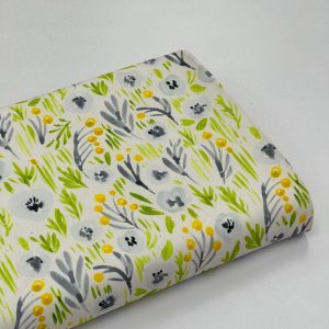 پارچه کرپ سفید برگ زرد سبز