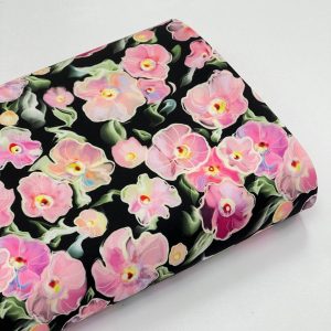 پارچه کرپ مشکی گل صورتی روشن