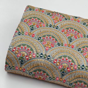 پارچه لینن سوزندوزی طرح موج طوسی