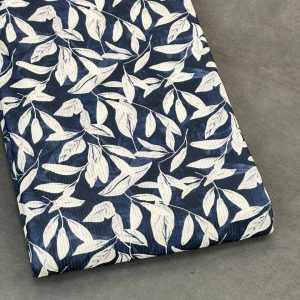 پارچه تریکو میله ای سرمه ای طرح برگ سفید