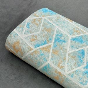 پارچه ژاکارد هندسی آبی طلایی