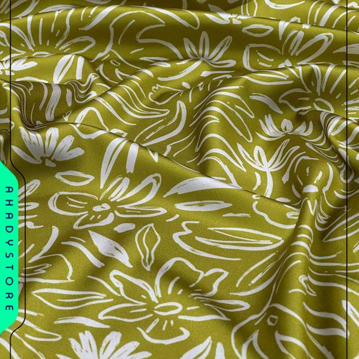 خرید پارچه ساتن lx طرحدار خردلی گل سفید