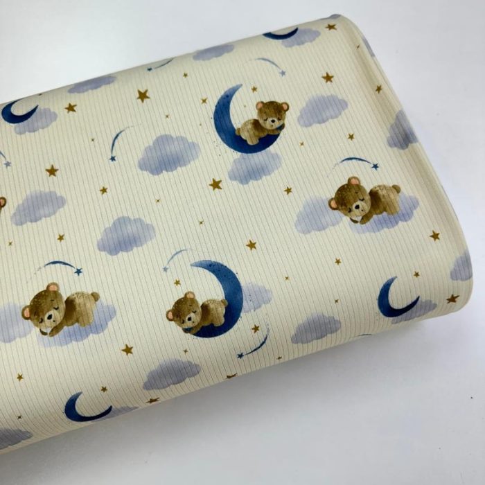 پارچه تریکو میله ای کرم طرح خرس و ماه