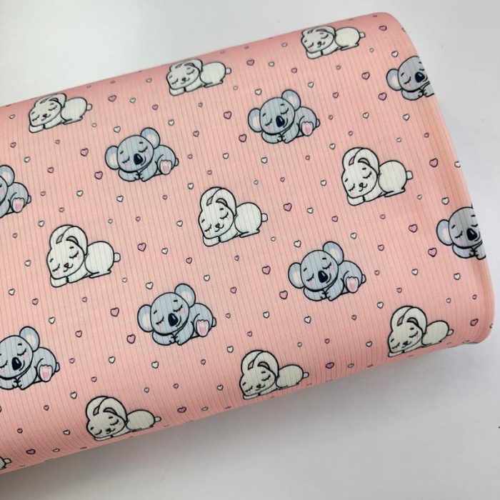 پارچه تریکو میله ای صورتی طرح خرگوش و کوالا