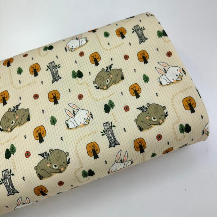 پارچه تریکو میله ای کرم طرح خرس و خرگوش