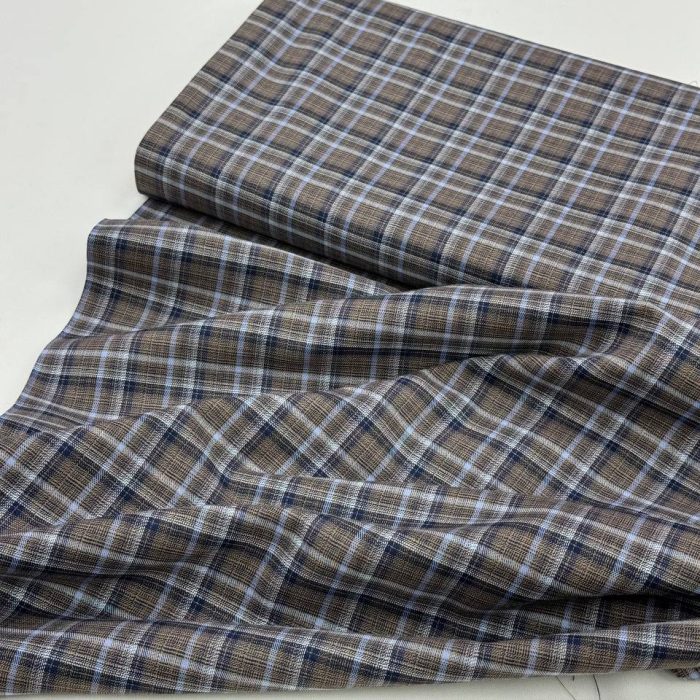 خرید پارچه تترون نخی چهارخونه ریز قهوه ای آبی آسمانی