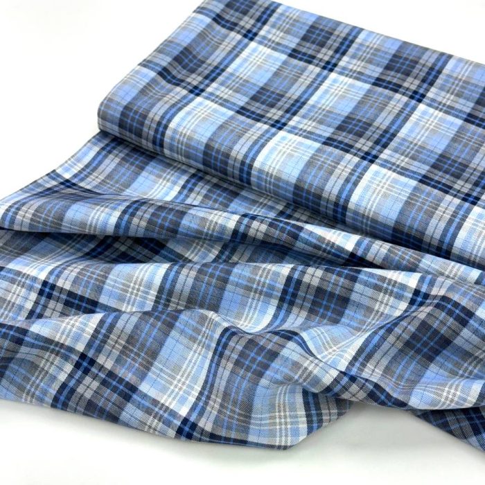 پارچه تترون نخی چهارخونه آبی روشن سفید