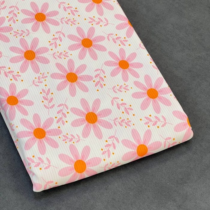 خرید پارچه تریکو میله ای طرح گل درشت صورتی