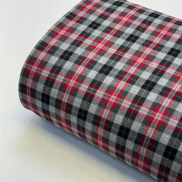 پارچه کشمیر طرحدار قرمز خاکستری خط مشکی