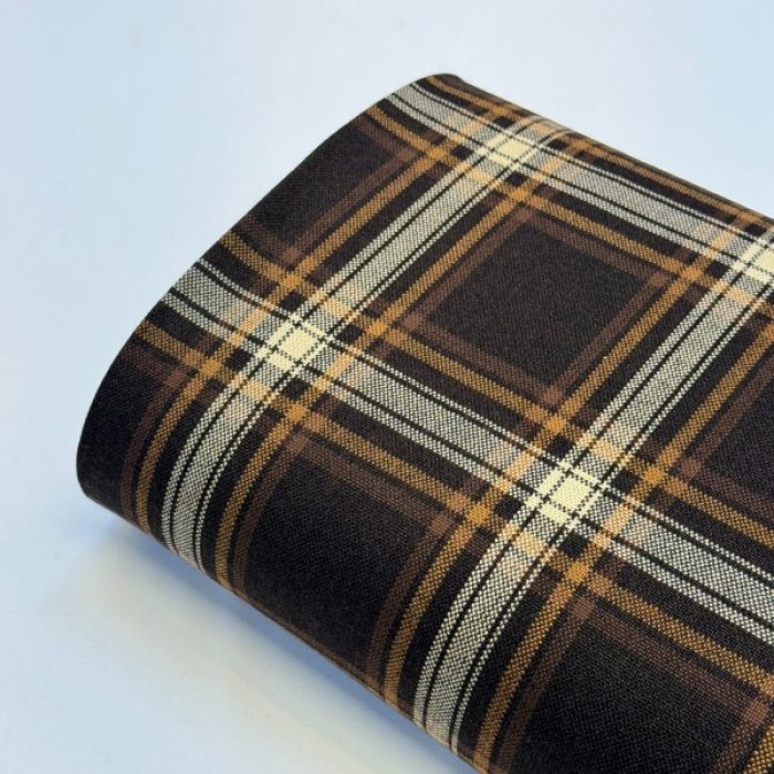 پارچه کشمیر طرحدار قهوه ای خط نارنجی