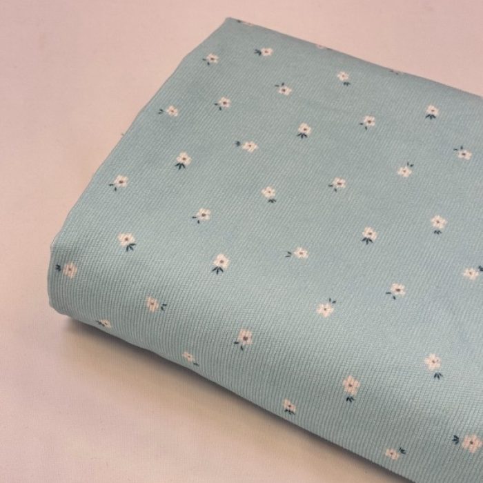 خرید پارچه مخمل کبریتی زمینه سبزآبی گل ریز