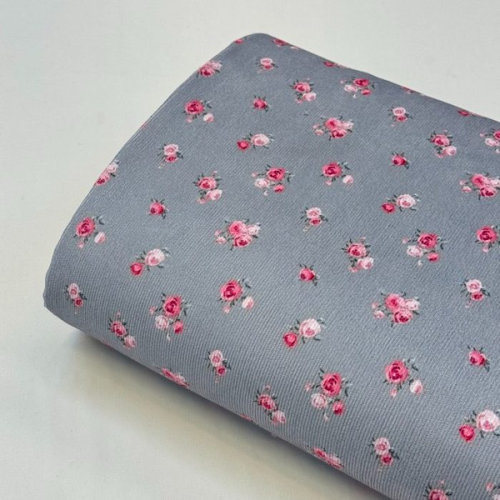 خرید پارچه مخمل کبریتی زمینه طوسی گل صورتی