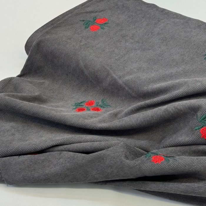 خرید پارچه مخمل کبریتی گلدوزی طوسی طرح انار