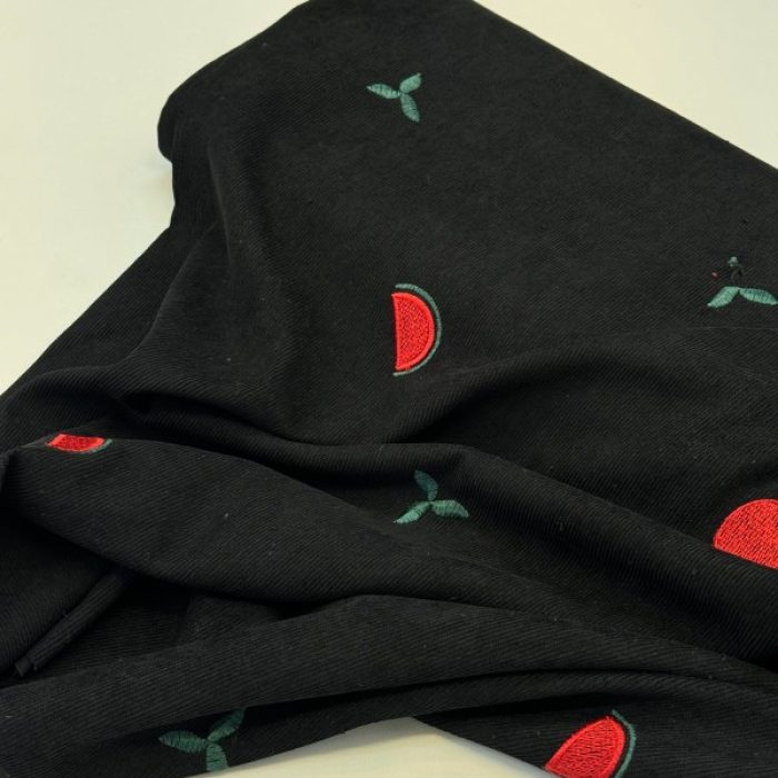 خرید پارچه مخمل کبریتی گلدوزی مشکی طرح میوه