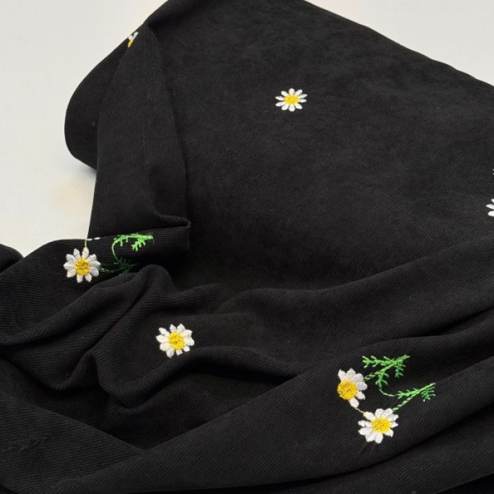 خرید پارچه مخمل کبریتی گلدوزی مشکی بابونه