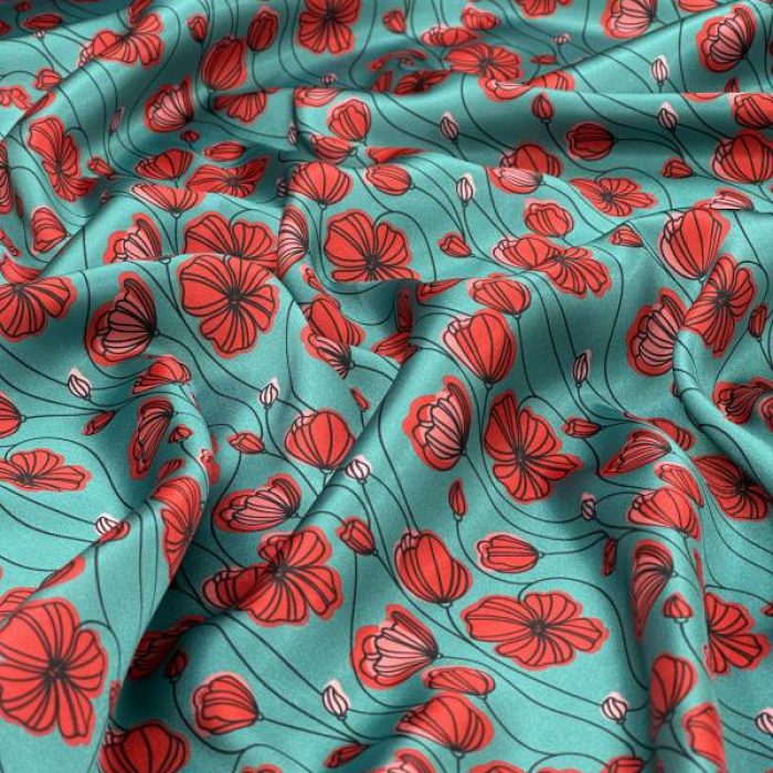 پارچه ساتن lx طرحدار سبزآبی گل قرمز
