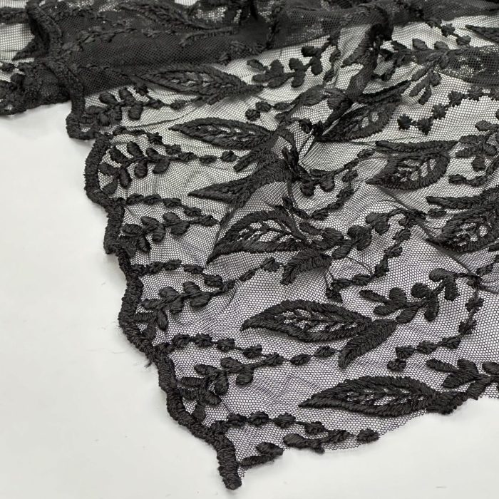 خرید پارچه تور مشکی طرح برگ